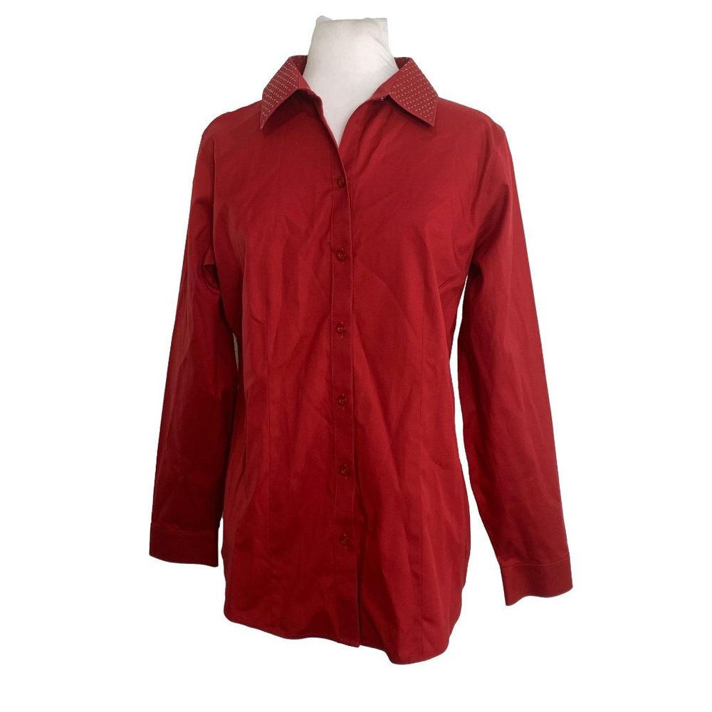 Chicos Womens Shirt Size 0 XS Red Button Front Cotton Studded Collar Long Sleeve